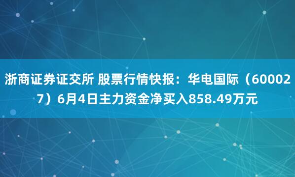 浙商证券证交所 股票行情快报：华电国际（600027）6月4日主力资金净买入858.49万元